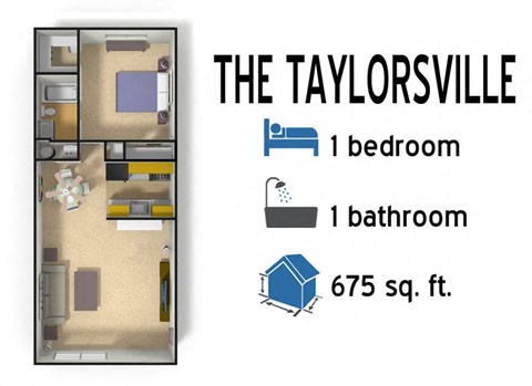 Floor plan for 1 bed, 1 bath, 675 sqft